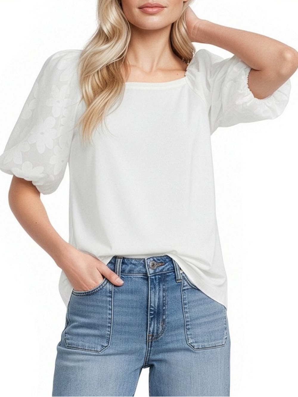 Ali Miles Women's XL White Blouse Floral Puff Sleeve Mixed Media‎ Dressy Top NWT